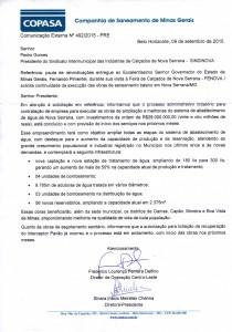 Ofício da Copasa, recebido pelo Sindinova, atendendo às reinvindicações feitas